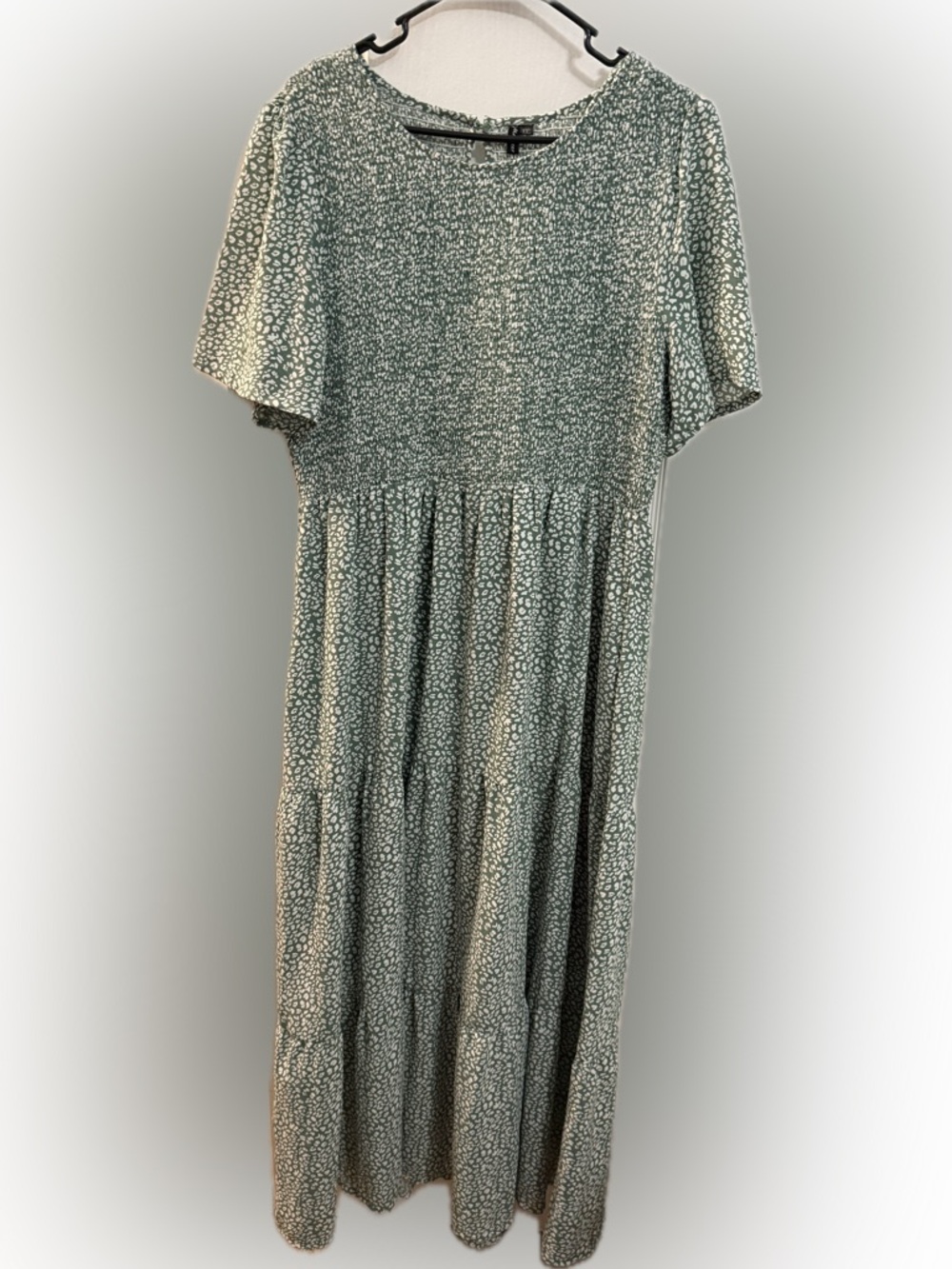 Smocked Bodice Tiered Midi Dress in Sage Green with Ivory Print